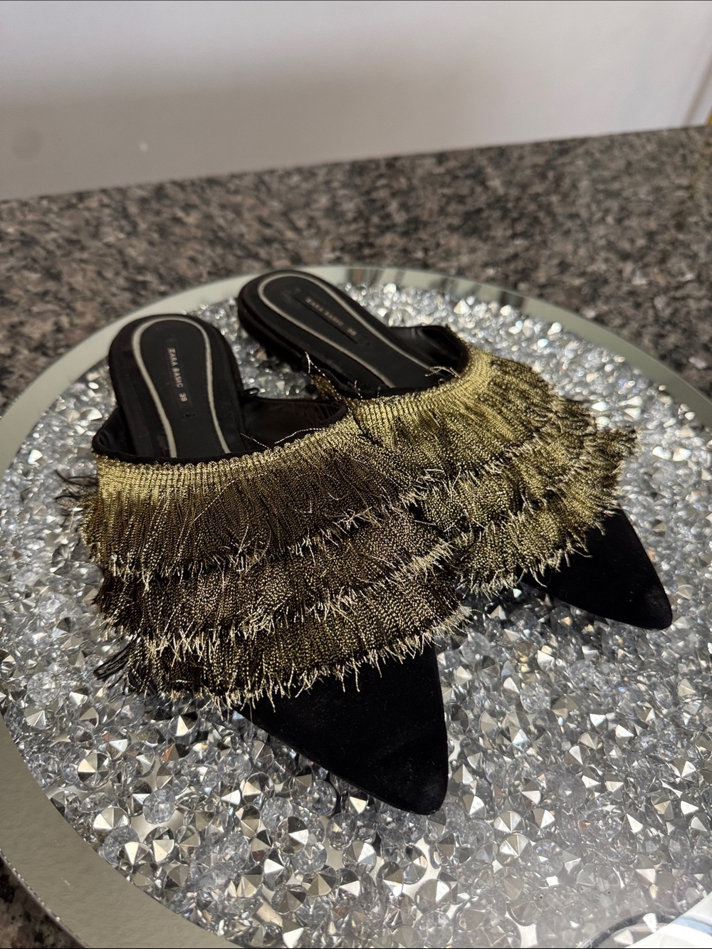 Zara Black Pointed-Toe Mules with Gold Fringe 39